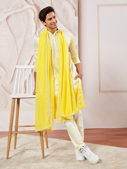 Men's Yellow Viscose Kurta Pyjama And Dupatta Set